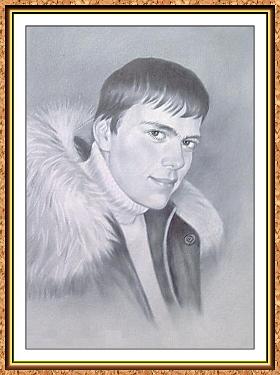 портрет молодого человека черно-белый по фотографии в технике"сухая кисть"(куртка, меховой воротник)