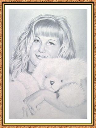 портрет черно-белый по фотографии в технике"сухая кисть"(блондинка, игрушки, медведь)