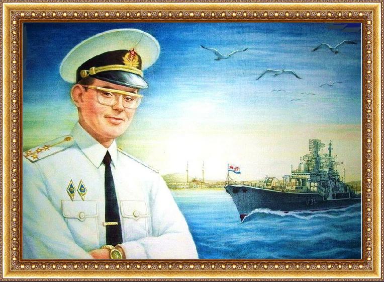 портрет цветной по фото в технике "сухая кисть"(моряк, капитан, эсминец, военно-морской флот, Сирия, мечеть, флаг, море, чайки)