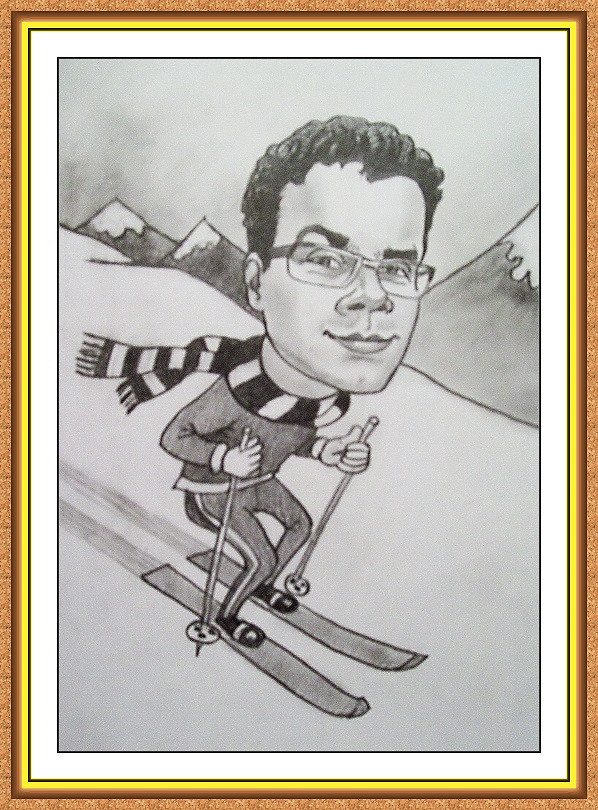шарж сюжетный черно-белый(горнолыжный спорт,шарф лыжи,горы,очки)